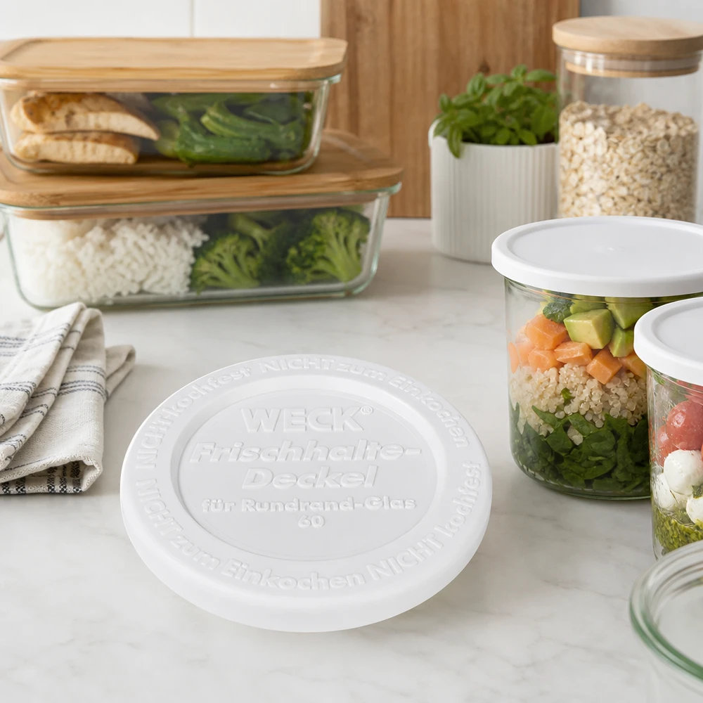 WECK Frischhaltedeckel RR60 Meal Prep Salat im Glas gesunde Mahlzeiten vorbereiten Schichtglas Gemüse