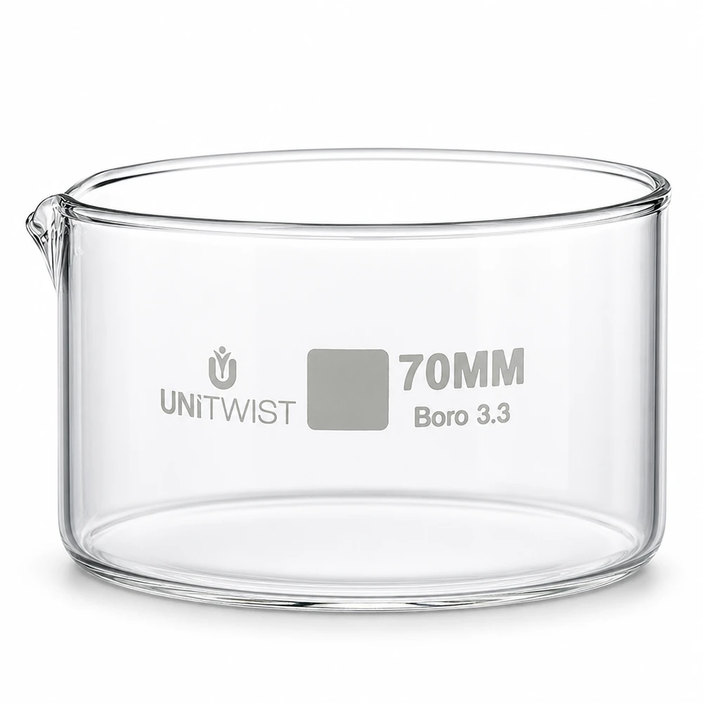 Kristallisierschale 70mm Borosilikatglas 3.3 UNiTWIST mit Ausguss für Labor und Gewerbe