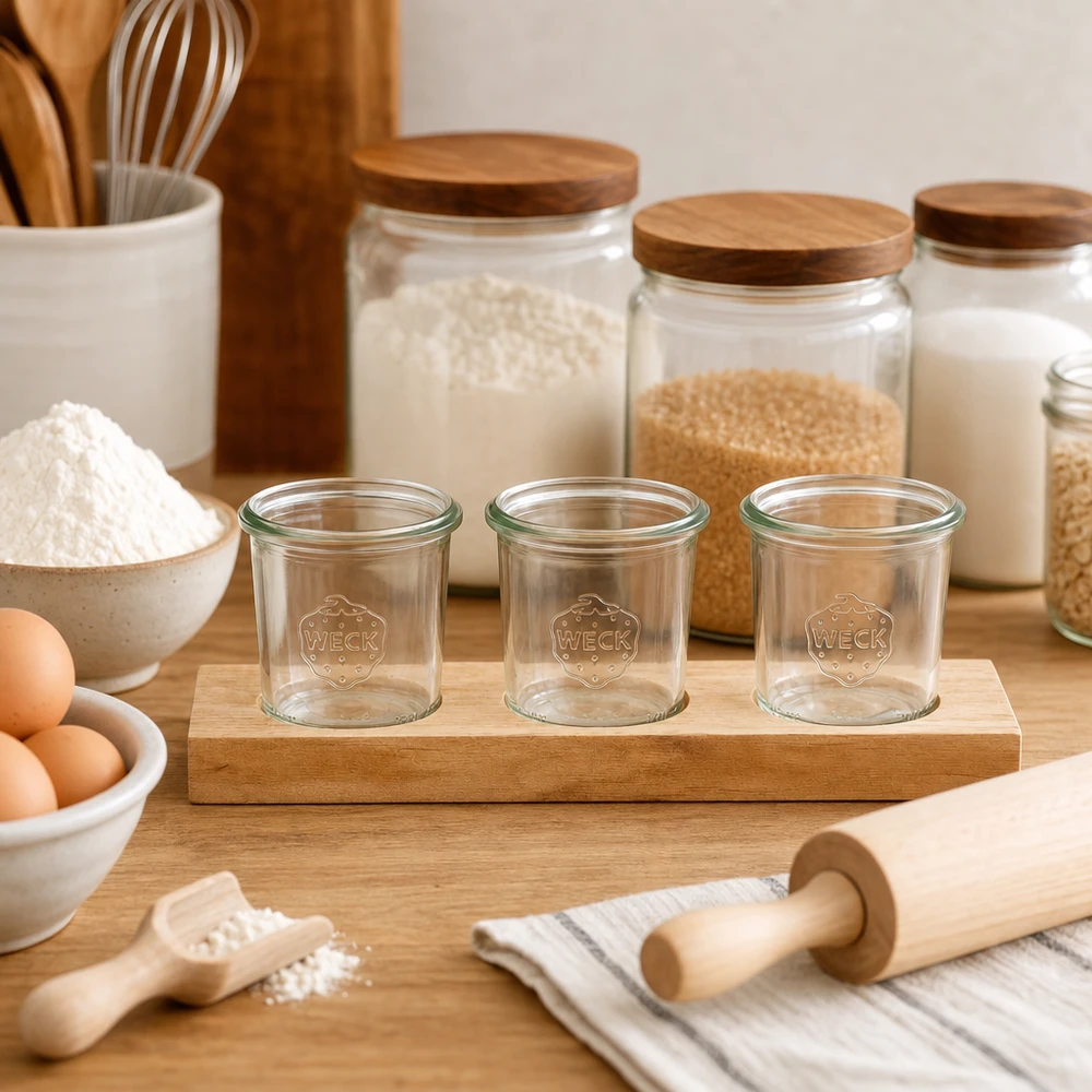 Servierbrett Plano3 mit 3 Weck Sturzgläsern 140ml Leere WECK Gläser 140ml auf Holzbrett Plano3 in Küche mit Backzutaten Mehl Eiern und Nudelholz zum Backen