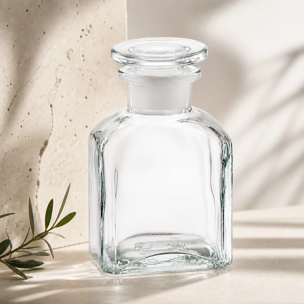 Vierkantflasche 150ml Klarglas mit Glasstopfen Weithals für gewerbliche Abfüllung Pacadura