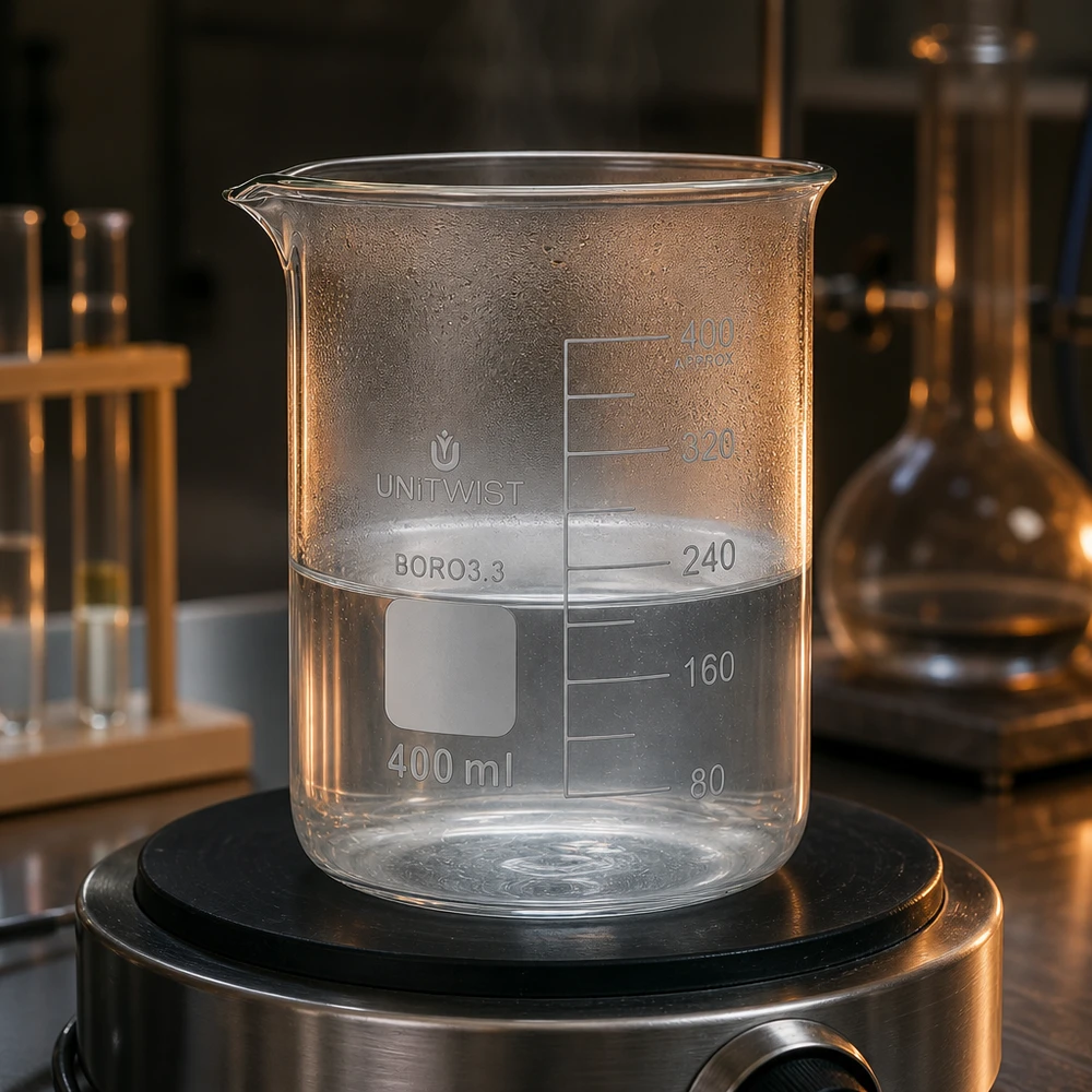 Becherglas 400ml Borosilikat 3.3 niedrige Form UNiTWIST auf Magnetrührer Laborbedarf Pacadura