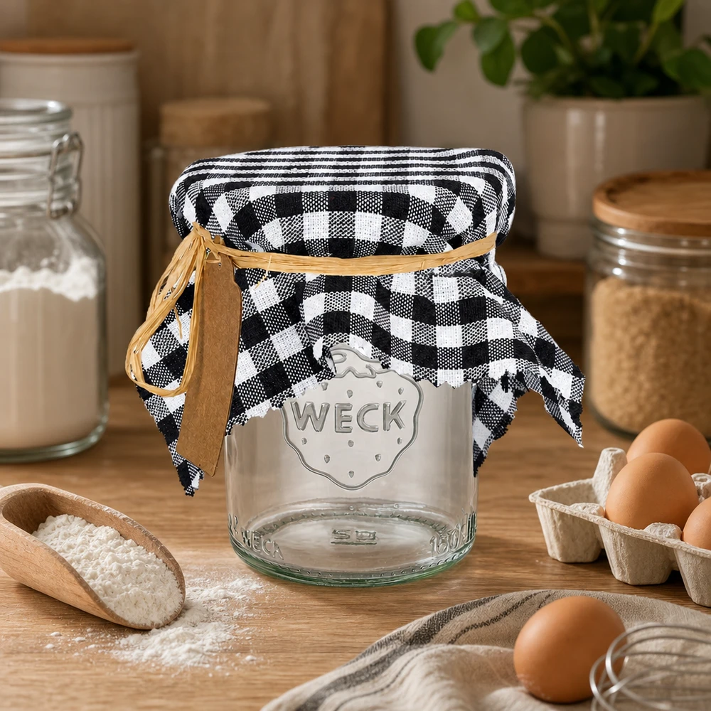 Stoff Schmuckdeckchen schwarz-kariert 15cm eckig Schwarzkariertes Schmuckdeckchen mit Lederband auf WECK-Glas neben Eiern und Mehl in rustikaler Küche 15cm eckig