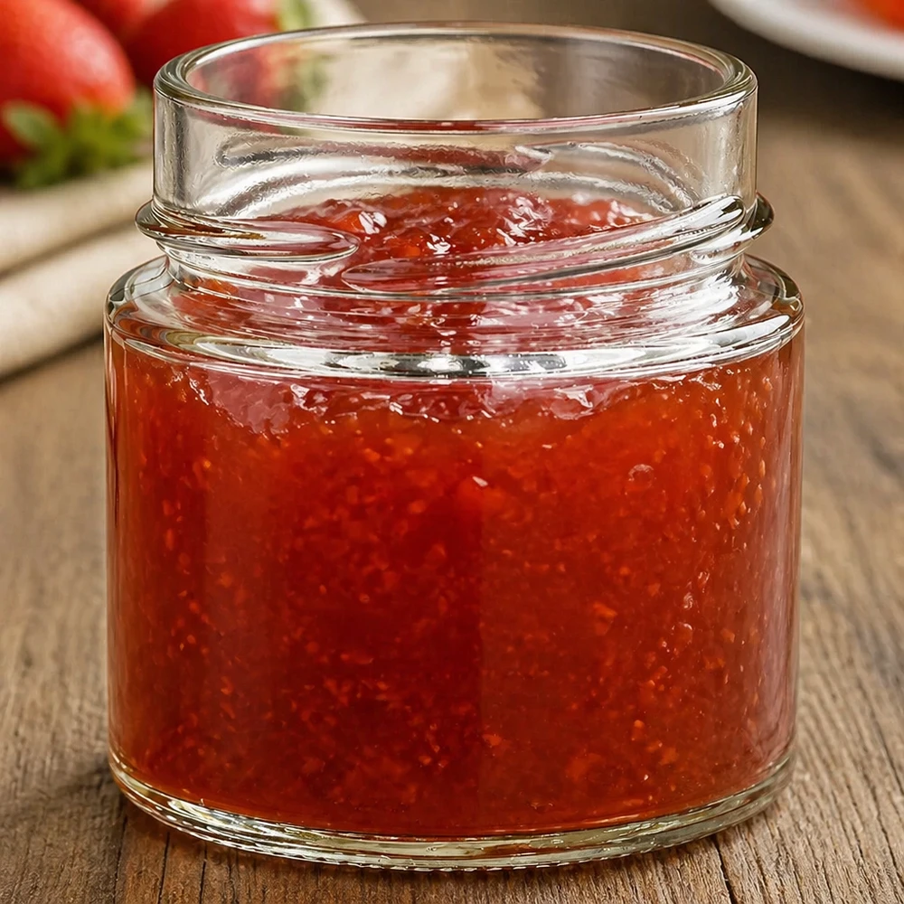 Rundglas 135ml mit roter Marmelade gefüllt TO58 Deckel Einmachglas Konfitürenglas auf Holztisch