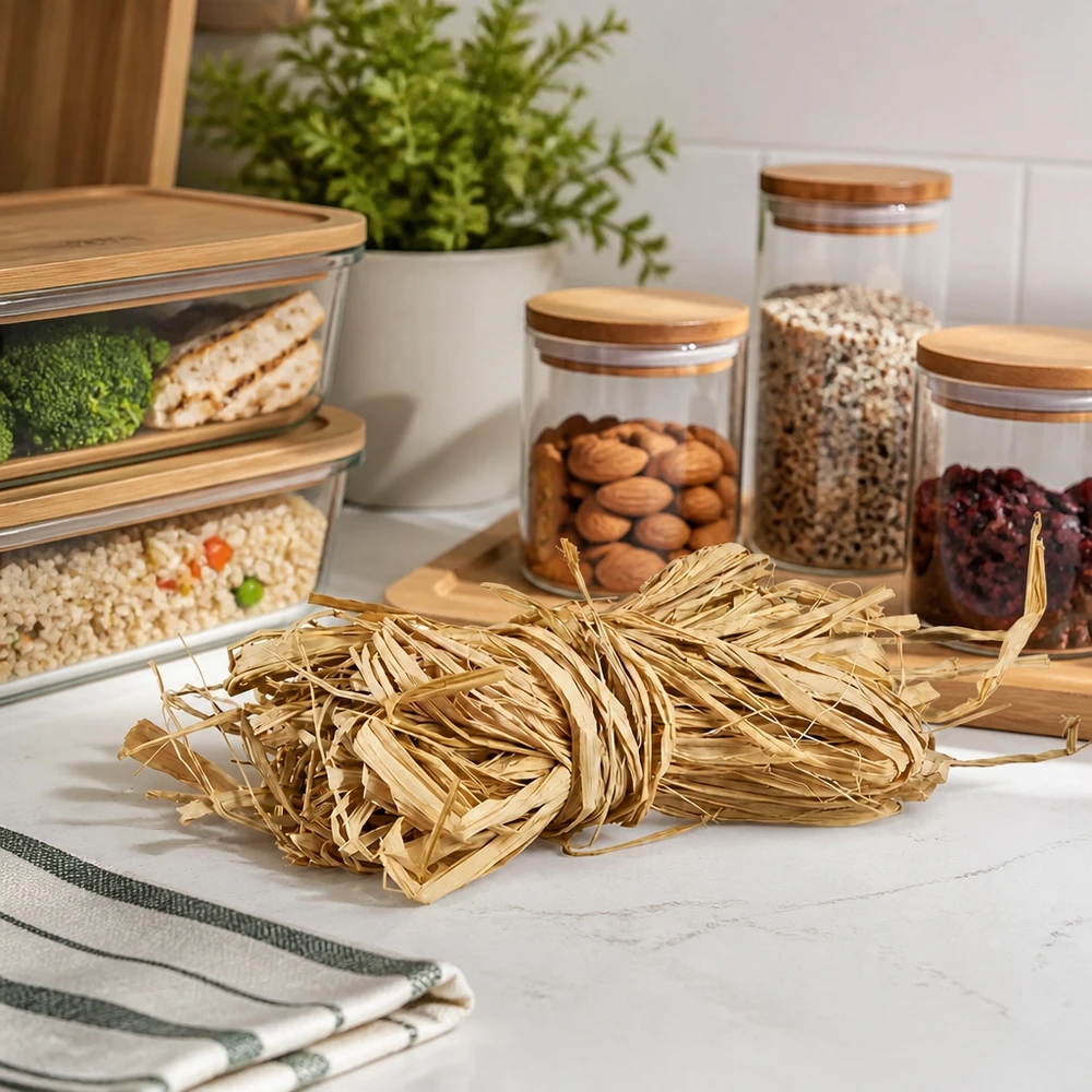 Naturbast 30g goldbeige auf Küchenarbeitsplatte mit Vorratsgläsern zeigt praktische Küchenorganisation und Dekoideen