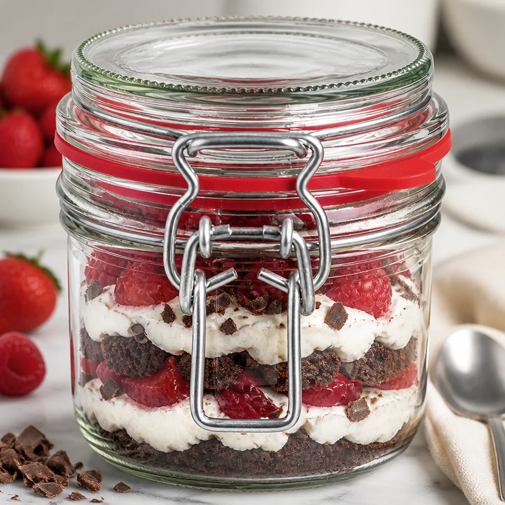 255ml Vorratsglas Typ G mit Bügelverschluss UN 255ml Bügelverschluss-Vorratsglas befüllt mit Dessert-Schichtaufbau aus Sahne Beeren und Schokolade für Gastronomie