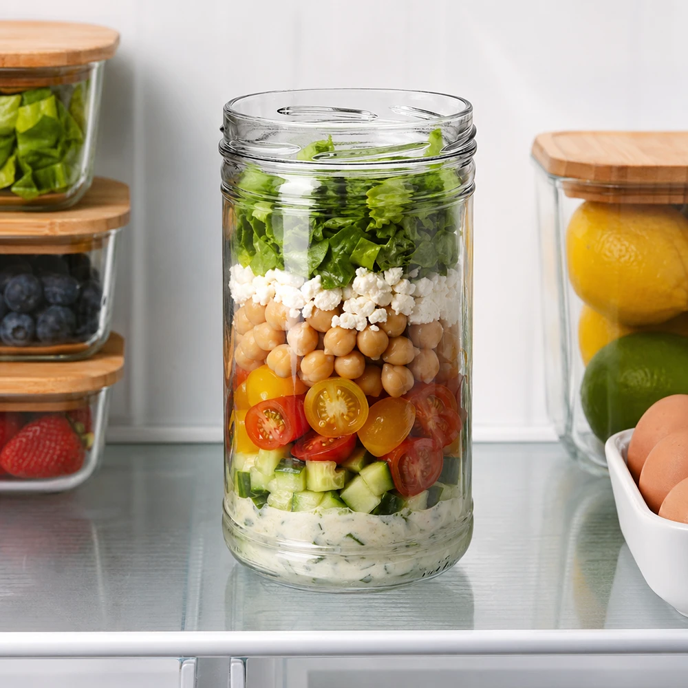 1053ml Sturzglas ohne Deckel (TO100) UNiTWIST UNiTWIST Sturzglas 1053ml TO100 als Meal Prep Glas mit Schichtsalat Kichererbsen Feta Tomaten im Kühlschrank