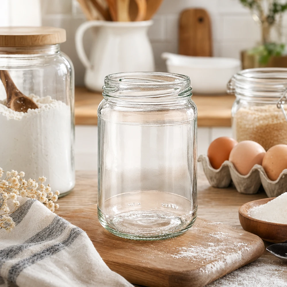 UNiTWIST Runda305 Rundglas 305ml TO63 leer auf Holzbrett in moderner Küche mit Eiern und Mehl