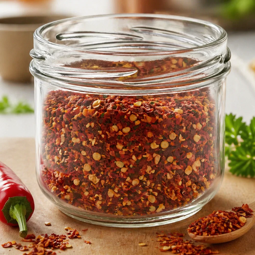 UNiTWIST Sturz260 Rundglas 260ml TO82 mit Chili-Gewürzmischung gefüllt auf Holzbrett mit Kräutern