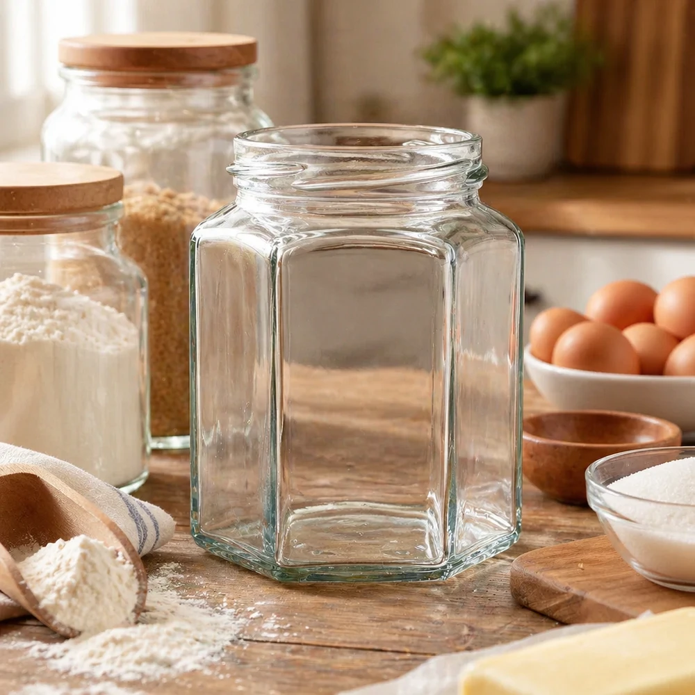 UNiTWIST Hexa288 sechseckiges Einmachglas 288ml TO63 leer auf Holzbrett in Küche mit Kochzutaten