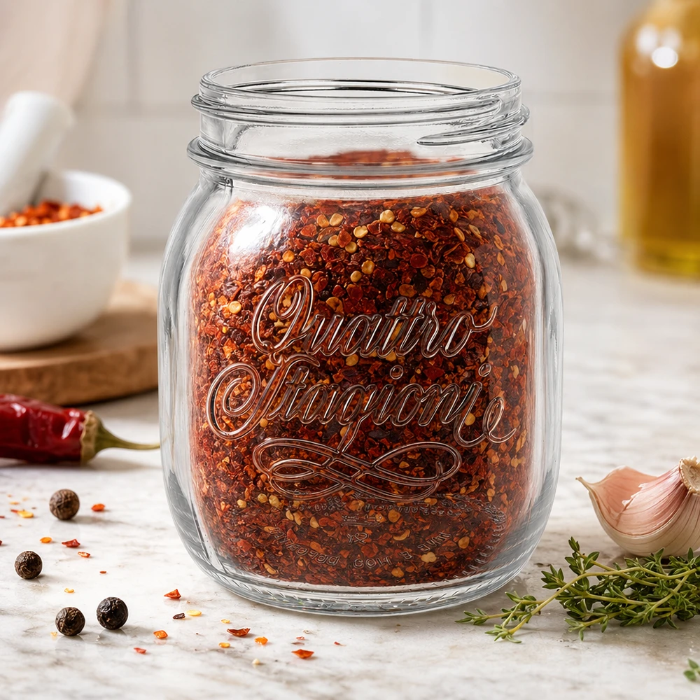 700ml Quattro Stagioni Haushaltsglas mit Chili-Gewürzmischung gefüllt auf Küchenarbeitsplatte mit Kräutern und Knoblauch