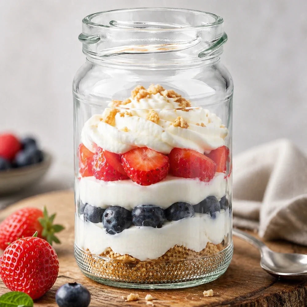 UNiTWIST Runda110 Rundglas 110ml TO48 mit Schichtdessert aus Beeren Joghurt und Streuseln gefüllt auf Holztisch