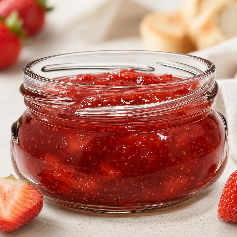 UNiTWIST Terrina120 Terrinenglas 120ml TO70 mit roter Erdbeermarmelade gefüllt neben frischen Erdbeeren