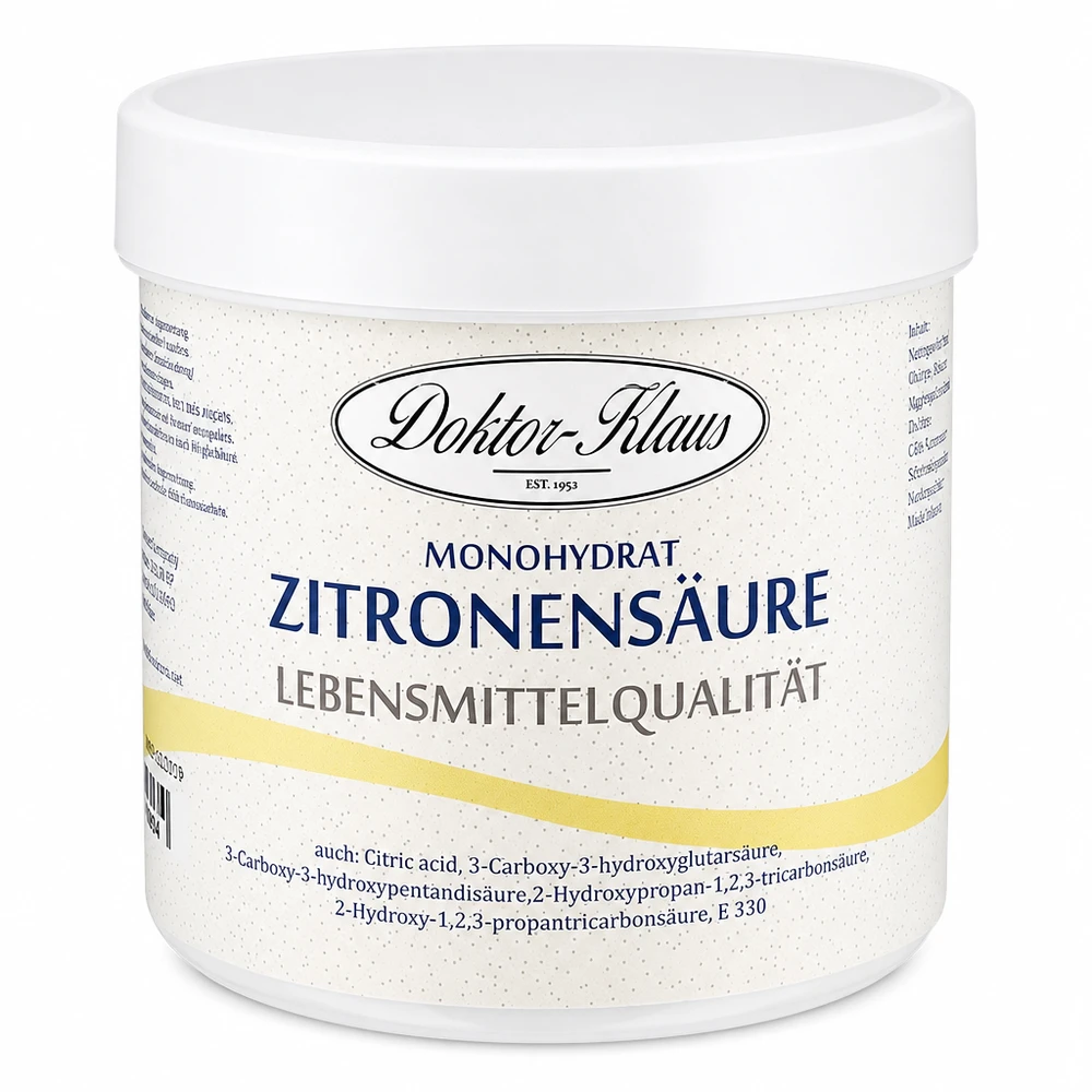 Doktor-Klaus Zitronensäure Monohydrat 250g Lebensmittelqualität E330 für gewerblichen Einsatz im weißen Kunststoffdose