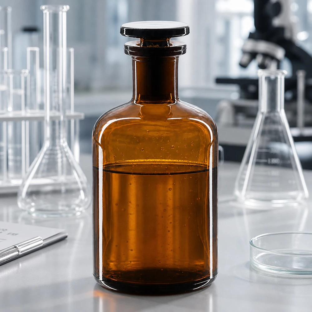 Braune Enghals-Rundschulterflasche 100ml aus Glas mit Glasstopfen für Labor und Fachhandel