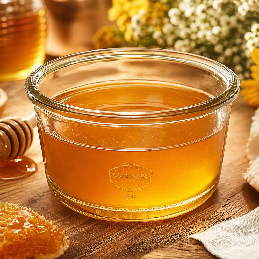 WECK Gourmetglas RR80 165ml mit goldgelbem Honig gefüllt neben Bienenwaben und Honiglöffel auf Holzoberfläche