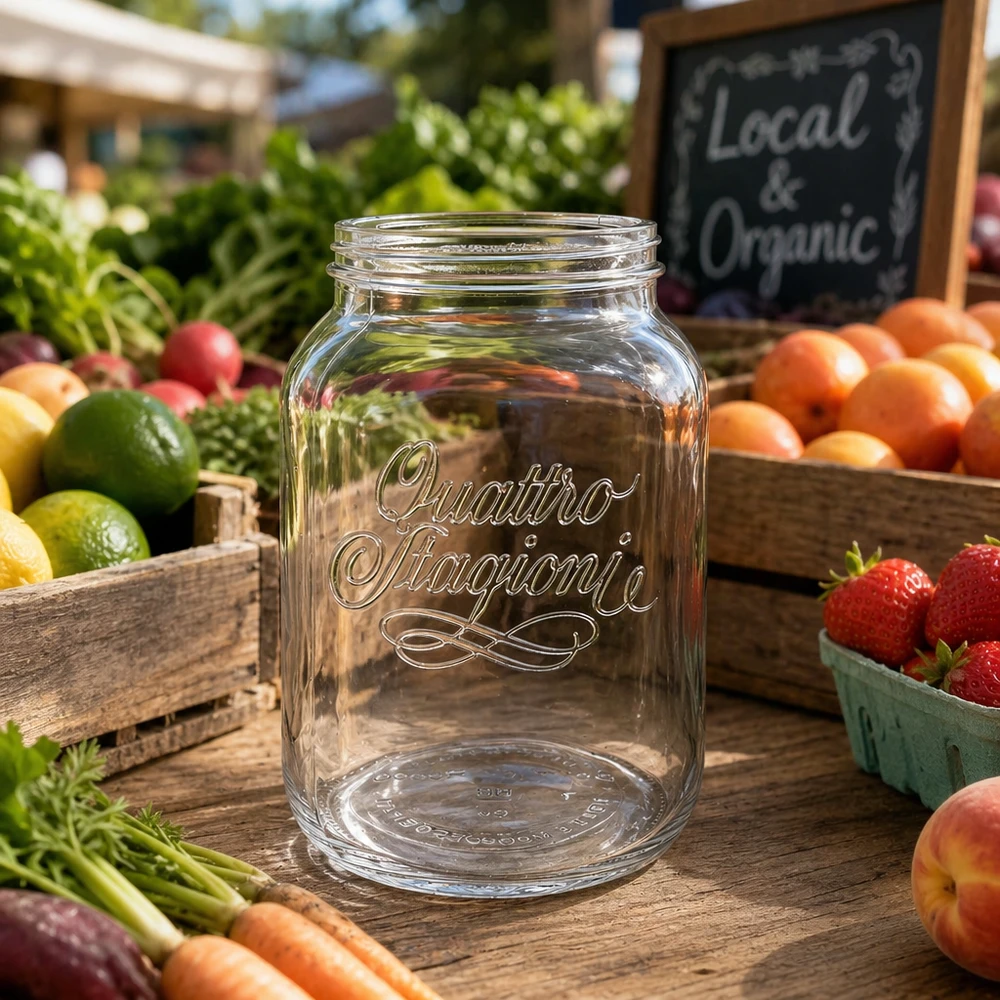 3000ml Quattro Stagioni Haushaltsglas auf Holztisch mit frischem Obst und Gemüse vom Bauernmarkt