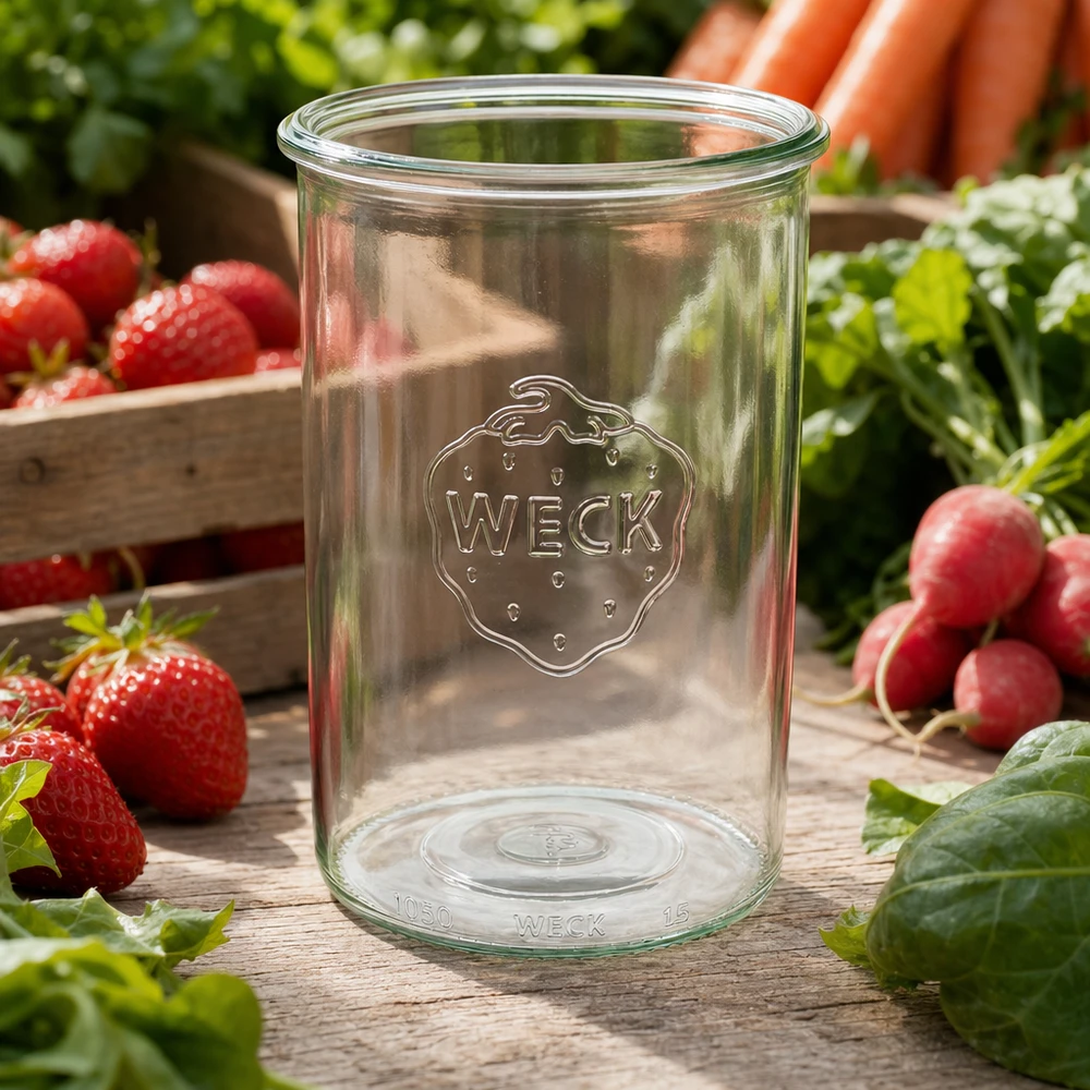 1000ml Sturzglas WECK RR100 WECK Sturzglas 1000ml RR100 mit Logo auf Holztisch umgeben von frischen Erdbeeren Radieschen und Gemüse