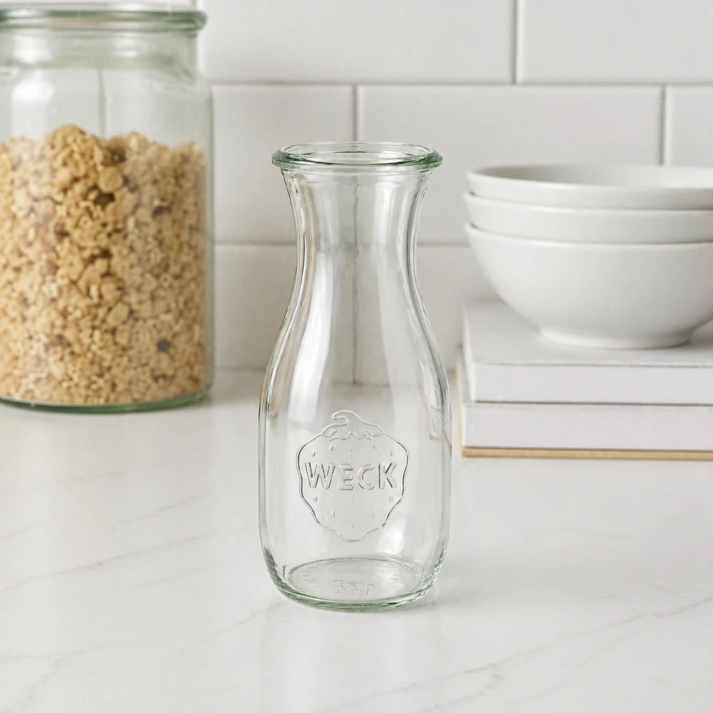 530ml Saftflasche WECK RR60 Leere WECK Saftflasche 530ml RR60 mit Erdbeer-Prägung in moderner weißer Küche neben Vorratsgläsern und Schalen