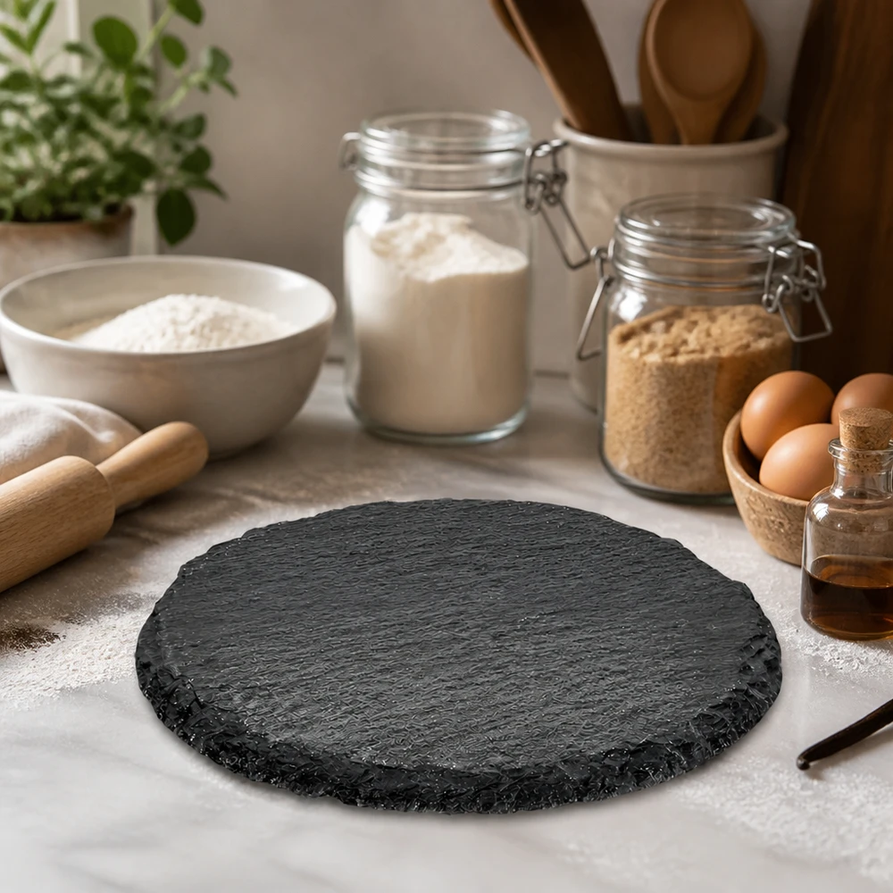 Schieferplatte rund 15cm in Bäckerei-Ambiente mit Mehl, Eiern und Backzutaten als professionelle Präsentationsfläche