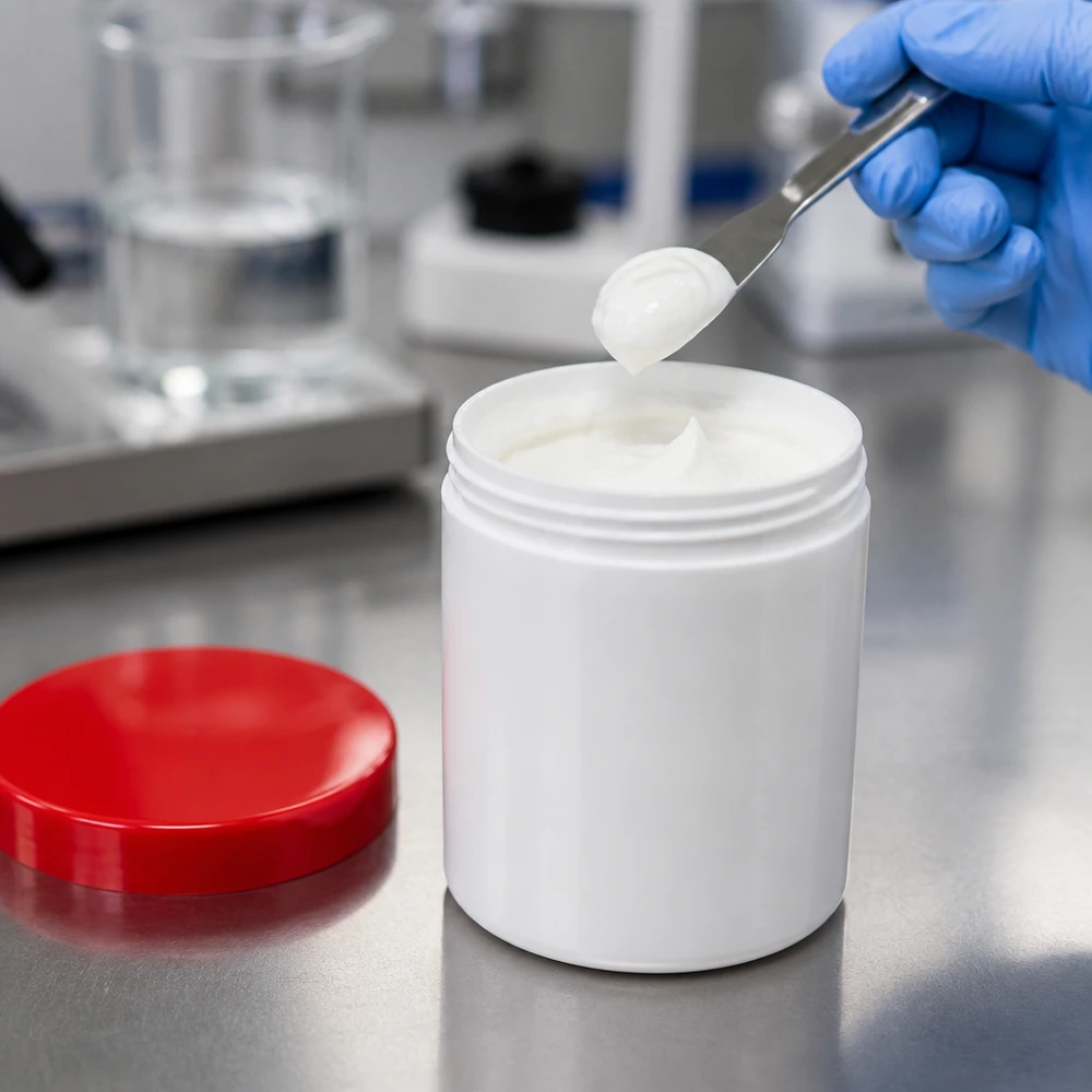 Salbenkruke 30g weiß mit rotem Schraubdeckel (Polypropylen) Weiße PP-Salbenkruke 30ml mit rotem Schraubdeckel im Labor für professionelle pharmazeutische Anwendung