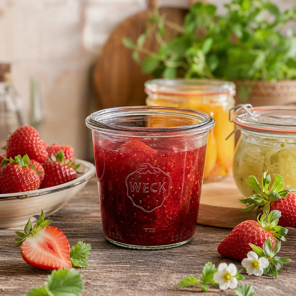 290ml WECK Sturzglas RR80 mit Erdbeermarmelade gefüllt neben frischen Erdbeeren auf Holztisch rustikale Küche