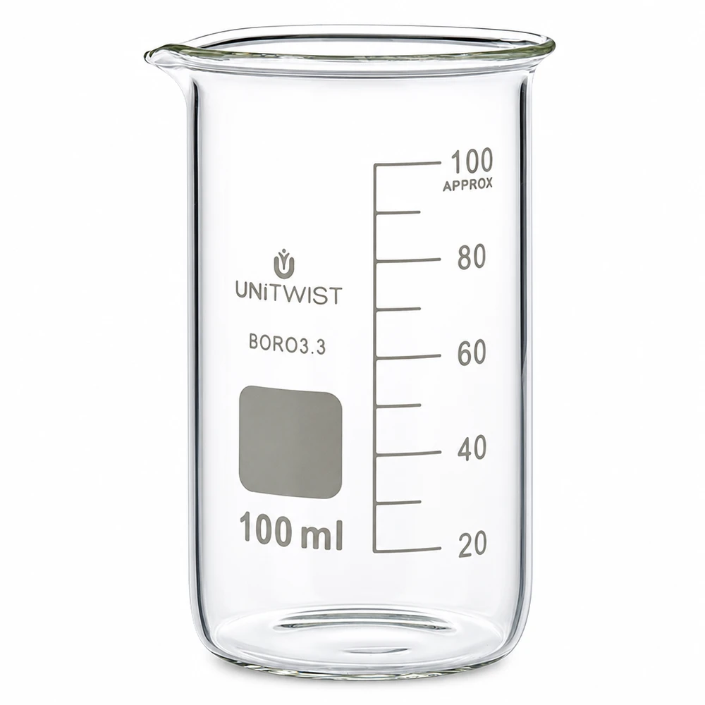 Becherglas 100ml Borosilikat, hohe Form UNiTWIST Becherglas 100ml hohe Form Borosilikat 3.3 UNITWIST für Labor und Gewerbe mit Milliliterskala