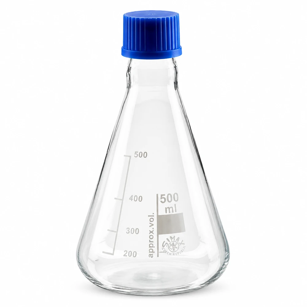 Erlenmeyerkolben 500ml mit Schraubkappe Erlenmeyerkolben 500ml Glas mit blauer Schraubkappe für Labor und Industrie bei Pacadura.de
