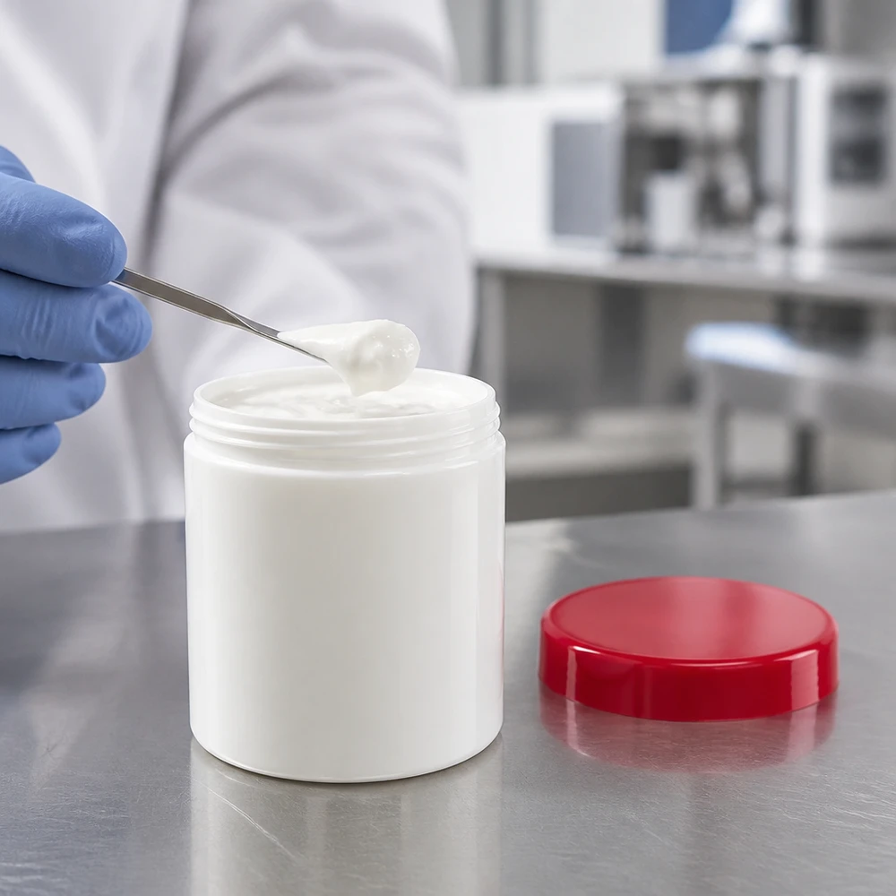 Weiße PP-Salbenkruke 10g mit rotem Schraubdeckel im Labor professionell geöffnet