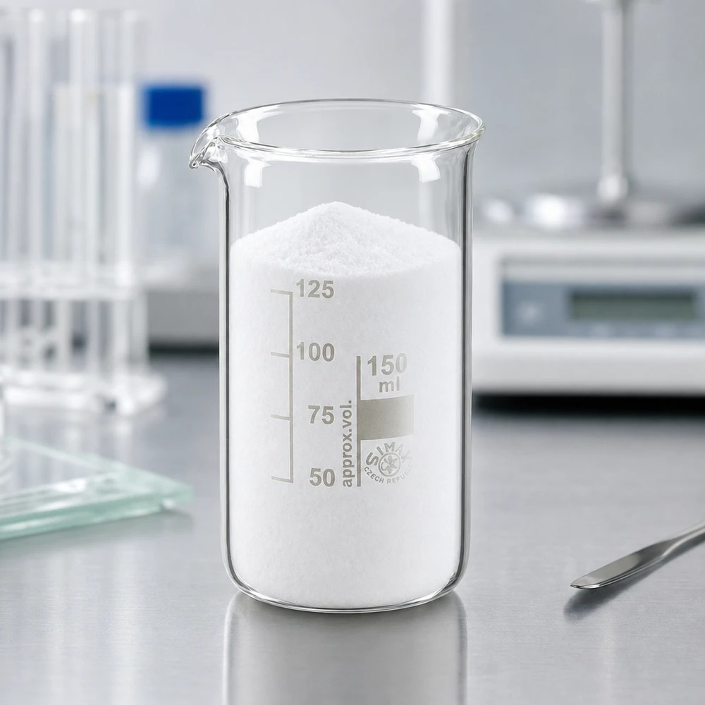 Becherglas 150ml Borosilikatglas, hohe Form Becherglas 150 ml hohe Form aus Borosilikatglas mit weißem Pulver im Labor gefüllt