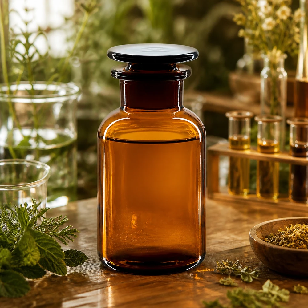 Rundschulterflasche 250ml Braunglas Weithals mit Glasstopfen für Labor und Fachhandel