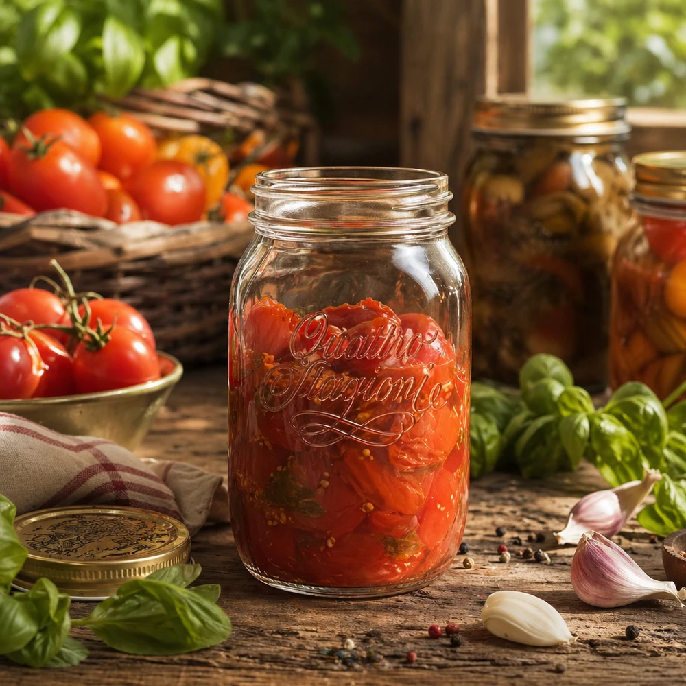 1000ml Rundglas "Quattro Stagioni" QS86mm 1000ml Quattro Stagioni Haushaltsglas mit Tomatensauce gefüllt auf Holztisch mit frischen Tomaten und Basilikum