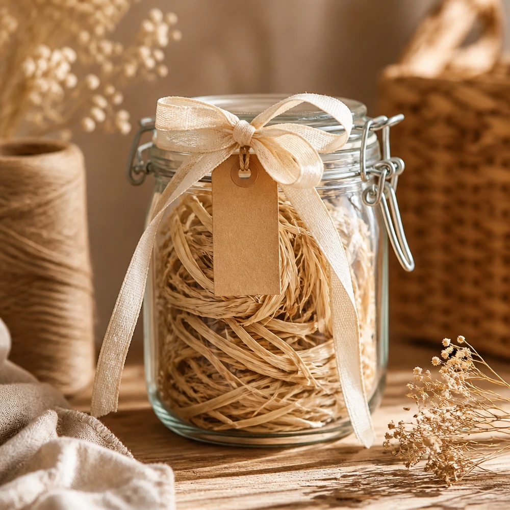Naturbast zum Dekorieren 30g Naturbast 30g im Einmachglas mit Schleife und Etikett als Geschenkidee für kreative Bastelprojekte und Dekoration
