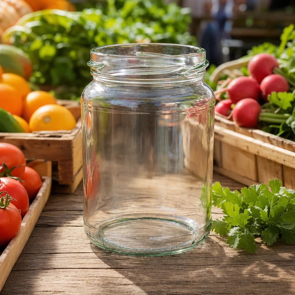 UNiTWIST Runda205 Rundglas 205ml TO58 Einmachglas auf Holztisch mit frischem Gemüse Tomaten Radieschen