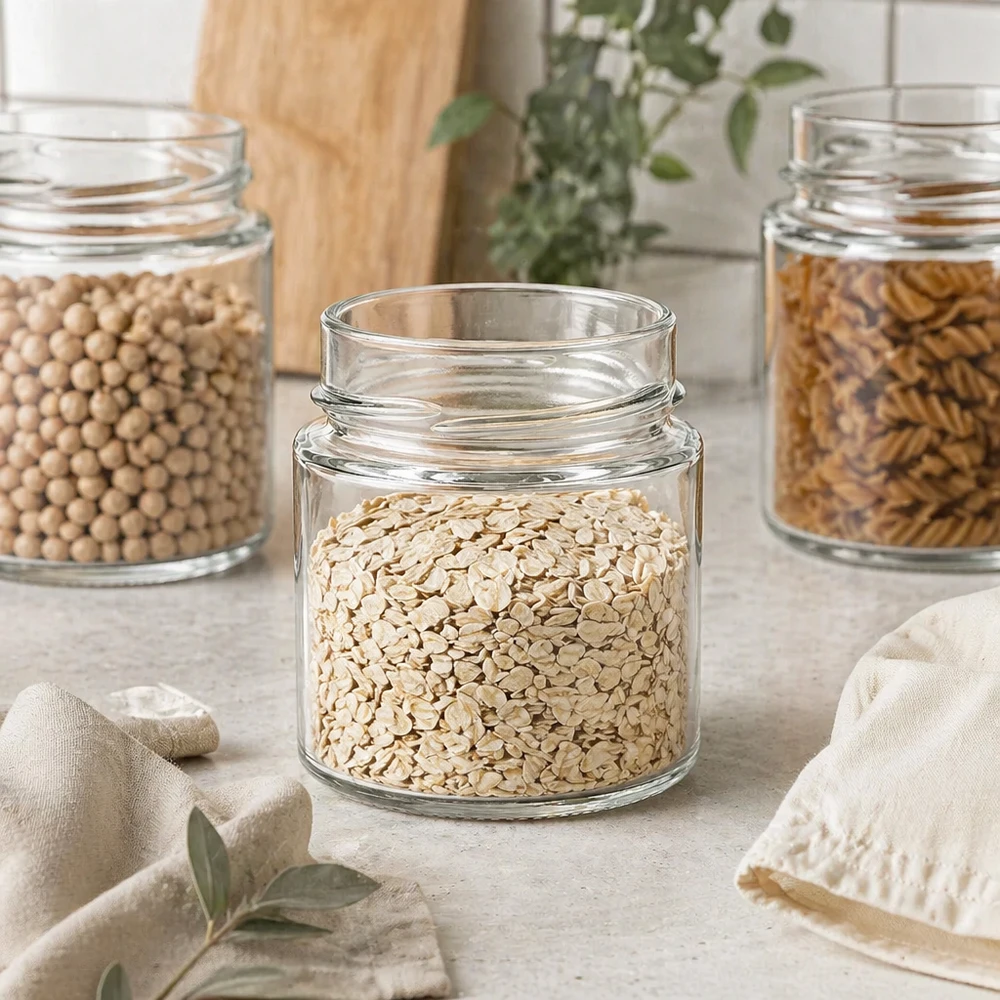UNiTWIST Runda135 Rundglas 135ml TO58deep mit Haferflocken gefüllt neben anderen Vorratsgläsern in moderner Küche