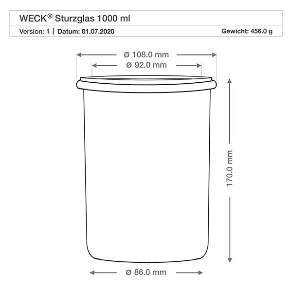 1000ml Sturzglas WECK RR100 Technische Zeichnung WECK Sturzglas 1000ml RR100 mit Maßangaben Durchmesser 108mm 92mm 86mm Höhe 170mm Spezifikation
