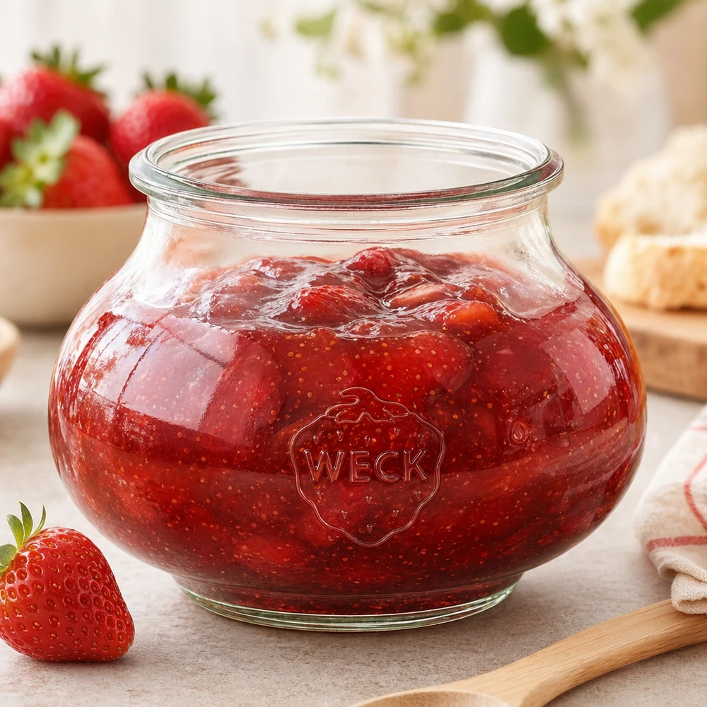 WECK Schmuckglas RR80 560ml mit hausgemachter Erdbeermarmelade und Holzlöffel auf Küchenarbeitsfläche