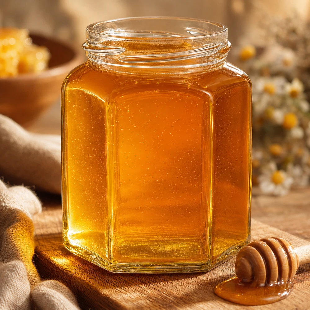 UNiTWIST Hexa288 sechseckiges Honigglas 288ml TO63 mit goldenem Honig gefüllt auf Holztisch mit Honiglöffel