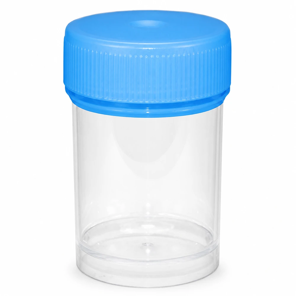 Universal Kunststoffdose (Pathogefäss) 20ml Transparente Kunststoffdose 20ml Pathogefäss mit blauem Schraubdeckel für professionellen Labor- und Medizineinsatz