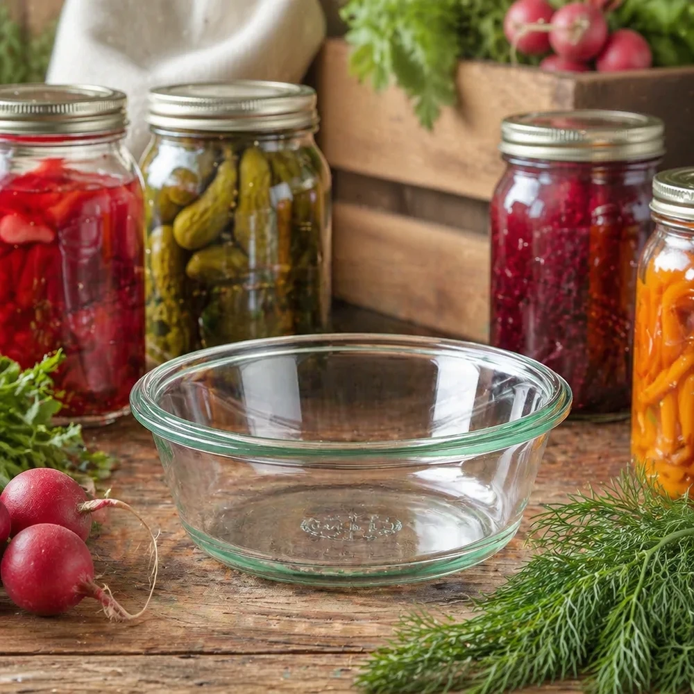 WECK RR120 Gourmetglas 300ml in rustikaler Küche mit Einmachgläsern und frischem Gemüse als Lifestyle-Aufnahme