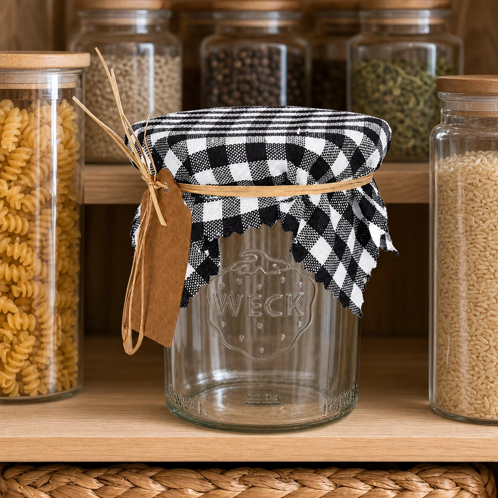 Kariertes Schmuckdeckchen schwarz-weiß 12cm auf Vorratsglas zwischen Pasta-Behältern, Landhausstil Küchendeko