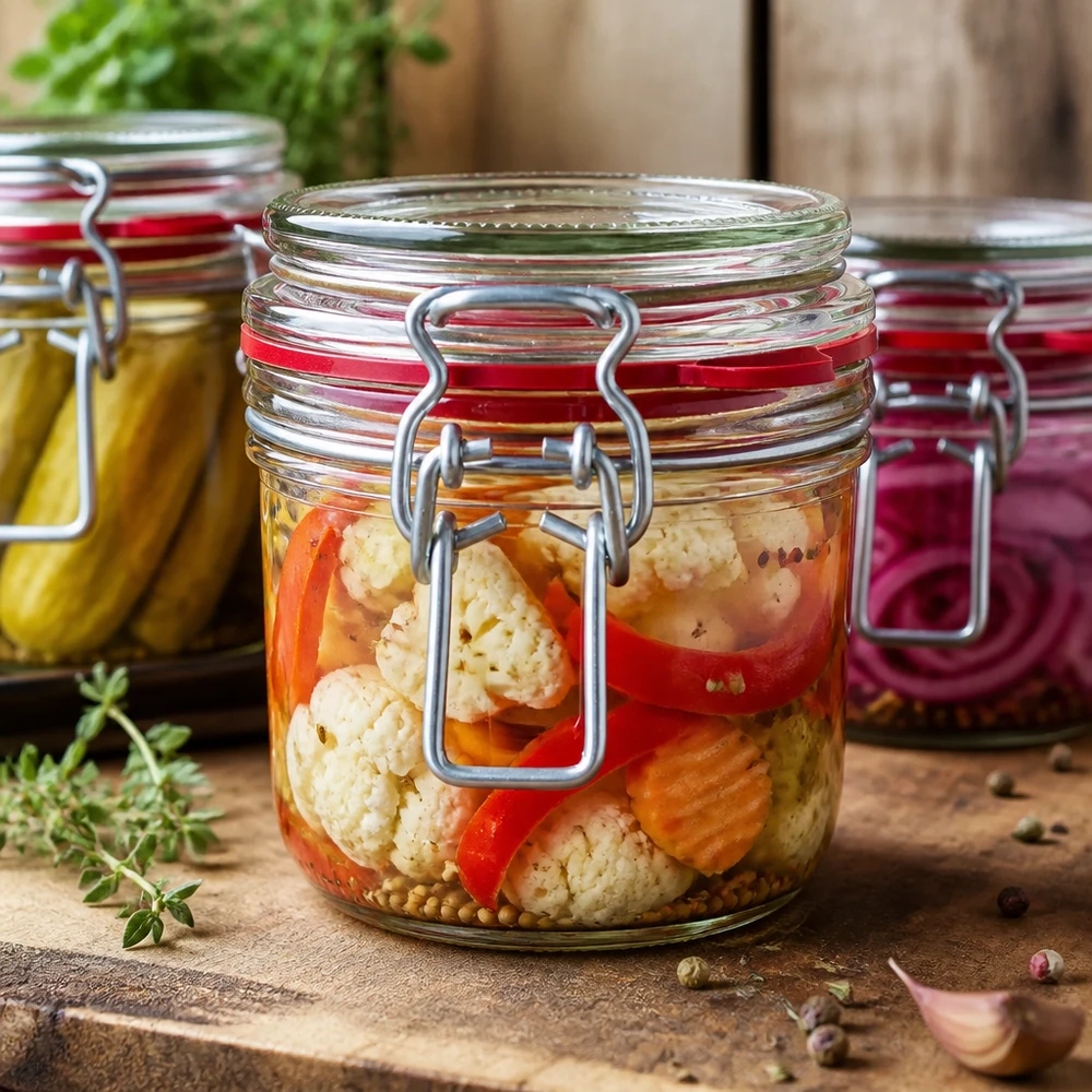 255ml Vorratsglas Typ G mit Bügelverschluss UN 255ml Einweckglas mit Bügelverschluss gefüllt mit mariniertem Gemüse - professionelle Konservierung für Gastronomie