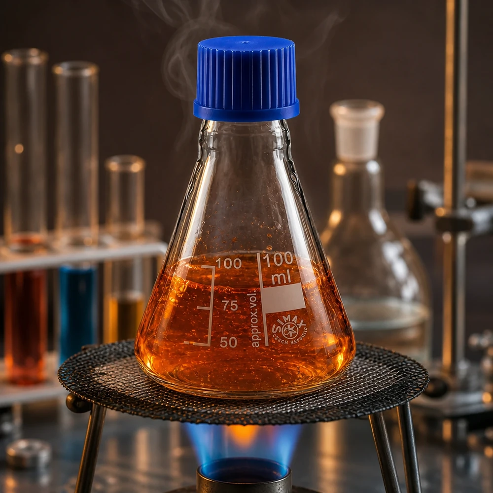 Erlenmeyerkolben 100ml Glas mit blauer Schraubkappe für professionelle Laboranwendungen bei Pacadura