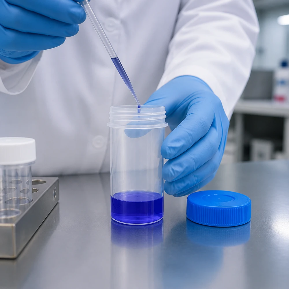 Laborant befüllt sterile Universal Kunststoffdose Pathogefäss 50ml mit blauem Schraubdeckel im Labor