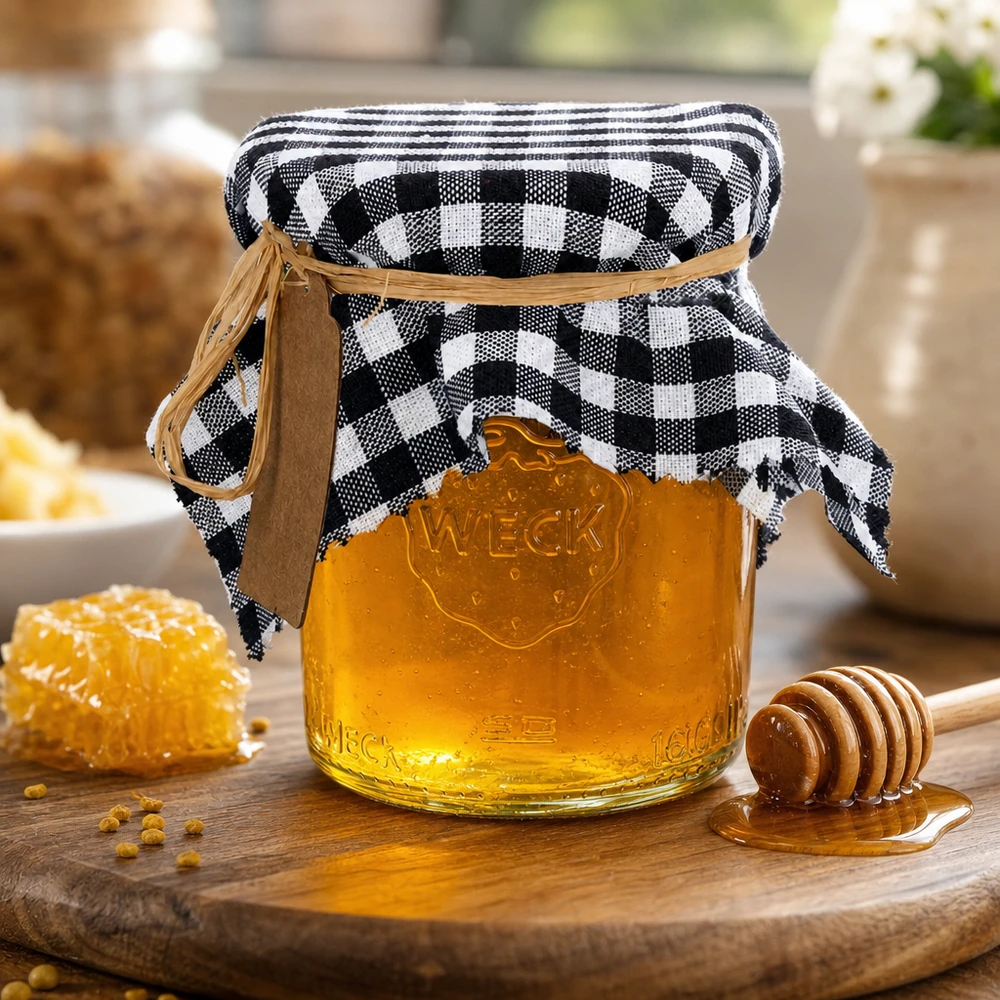 Stoff Schmuckdeckchen schwarz-kariert 15cm eckig Honigbrot mit kariertem Schmuckdeckchen auf Weckglas und Honigwabe auf Holzbrett rustikale Küchendeko