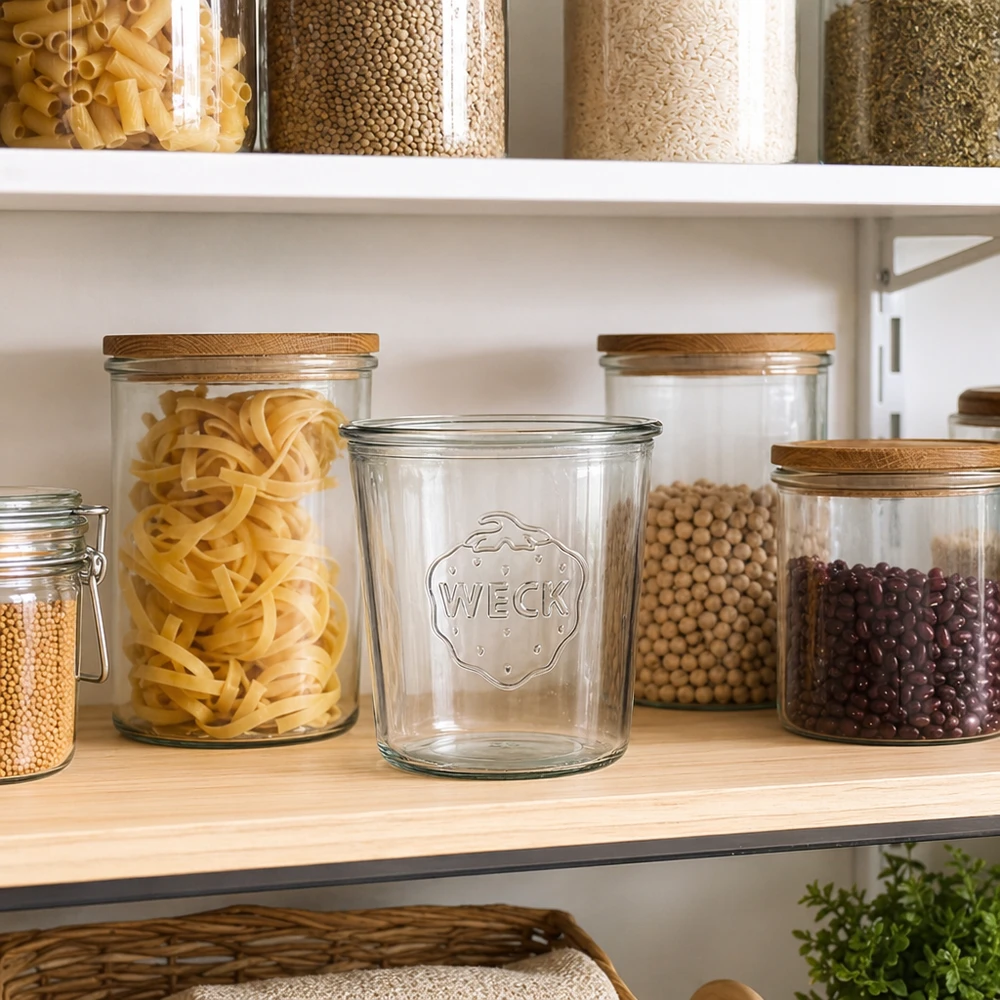 WECK Sturzglas 580ml RR100 in Küche mit Vorratsgläsern für Nudeln Hülsenfrüchte und Getreide auf Holzregal