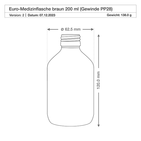 200ml Medizinflasche braun, ohne Verschluss PP28 ApoGlas