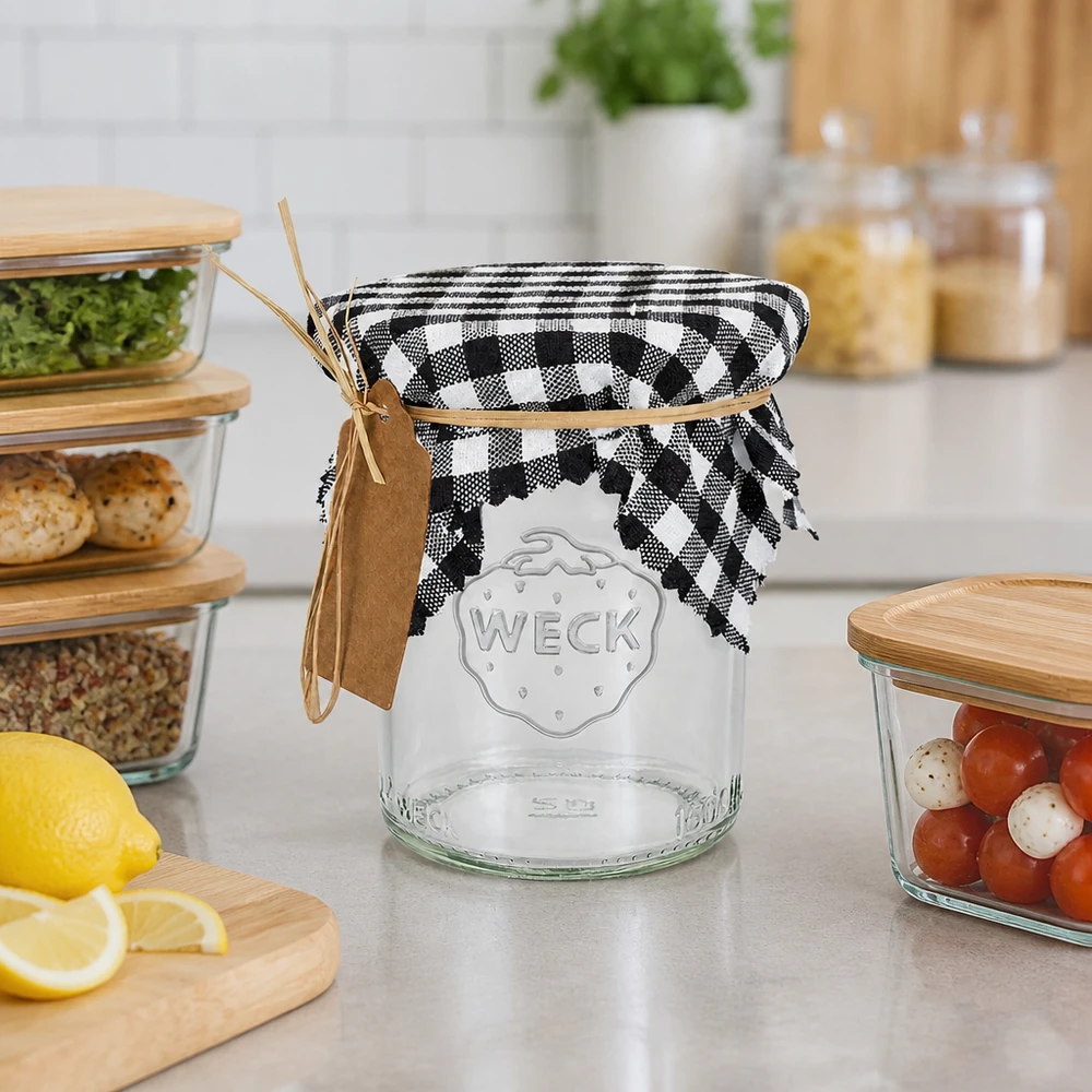 Weck-Einmachglas mit schwarz-weiß kariertem Stoffdeckchen und Bastanhänger, Küchenorganisation im Vintage-Look