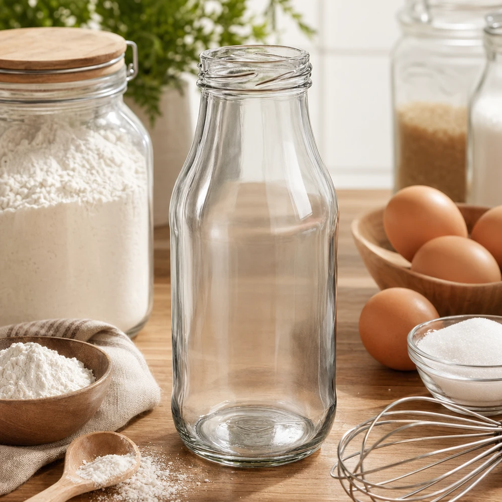 Leere UNiTWIST Glasflasche 263ml TO43 auf Holztisch mit Backzutaten Mehl Eiern und Küchenutensilien