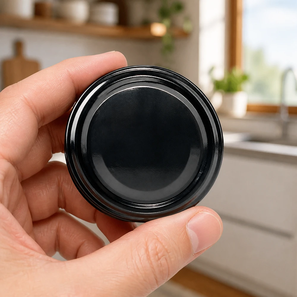 UNiTWIST TO82 schwarz, BioSeal, BPA-NI, UNiTWIST Hand hält schwarzen TO82 Twist-Off-Deckel BioSeal BPA-NI Metalldeckel für Einmachgläser gewerblicher Einsatz