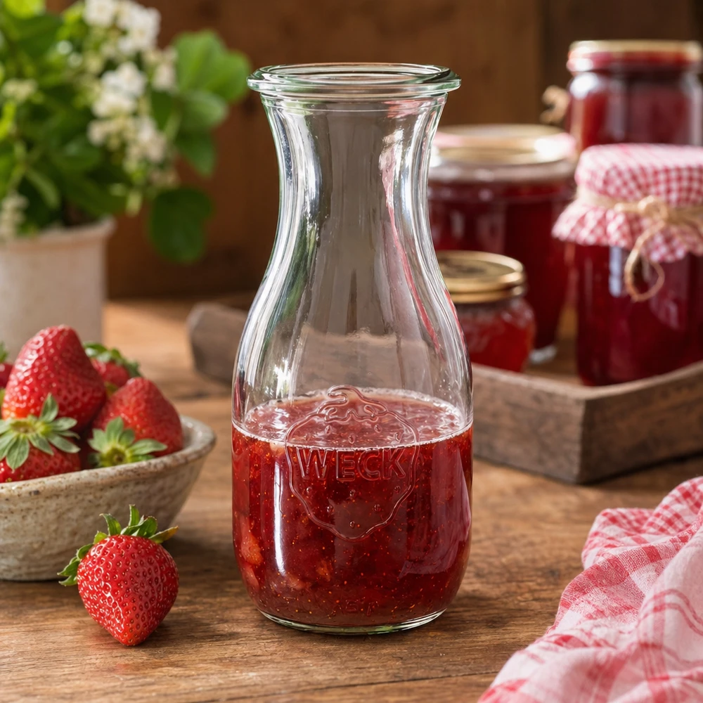 530ml Saftflasche WECK RR60 WECK Saftflasche 530ml RR60 mit Erdbeersaft gefüllt neben Marmeladengläsern und kariertem Küchentuch rustikal dekoriert